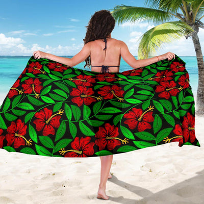 Red Hibiscus Embroidered Pattern Print Design HB032 Sarong Pareo Wrap-JORJUNE.COM