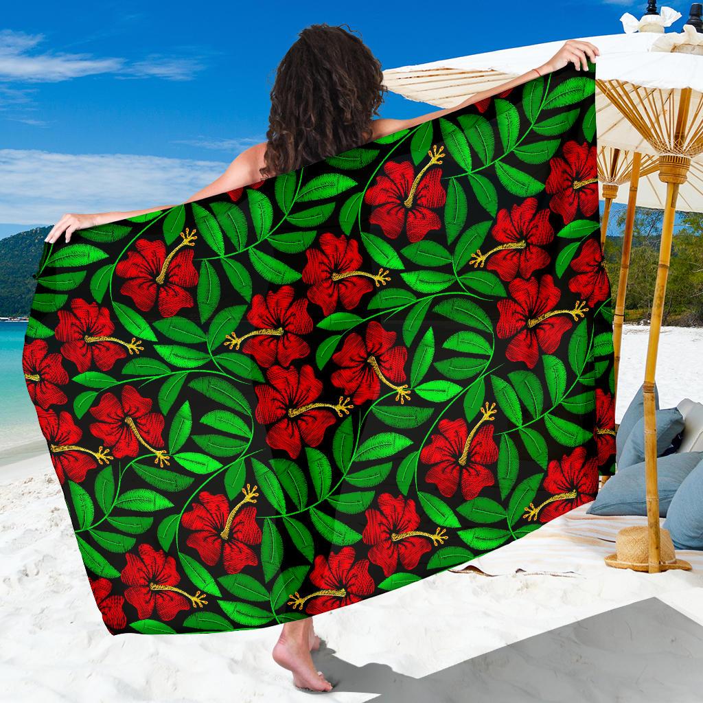 Red Hibiscus Embroidered Pattern Print Design HB032 Sarong Pareo Wrap-JORJUNE.COM