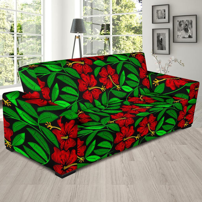 Red Hibiscus Embroidered Pattern Print Design HB032 Sofa Slipcover-JORJUNE.COM