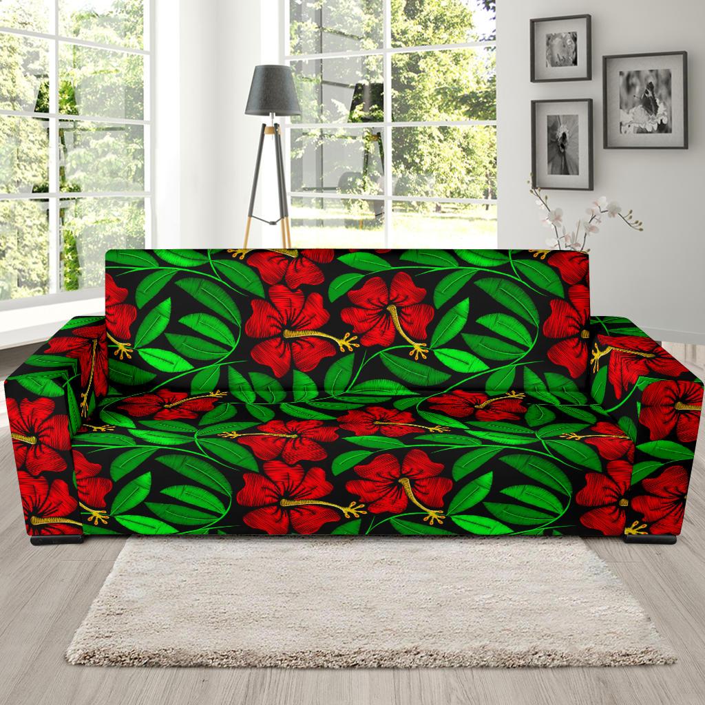 Red Hibiscus Embroidered Pattern Print Design HB032 Sofa Slipcover-JORJUNE.COM