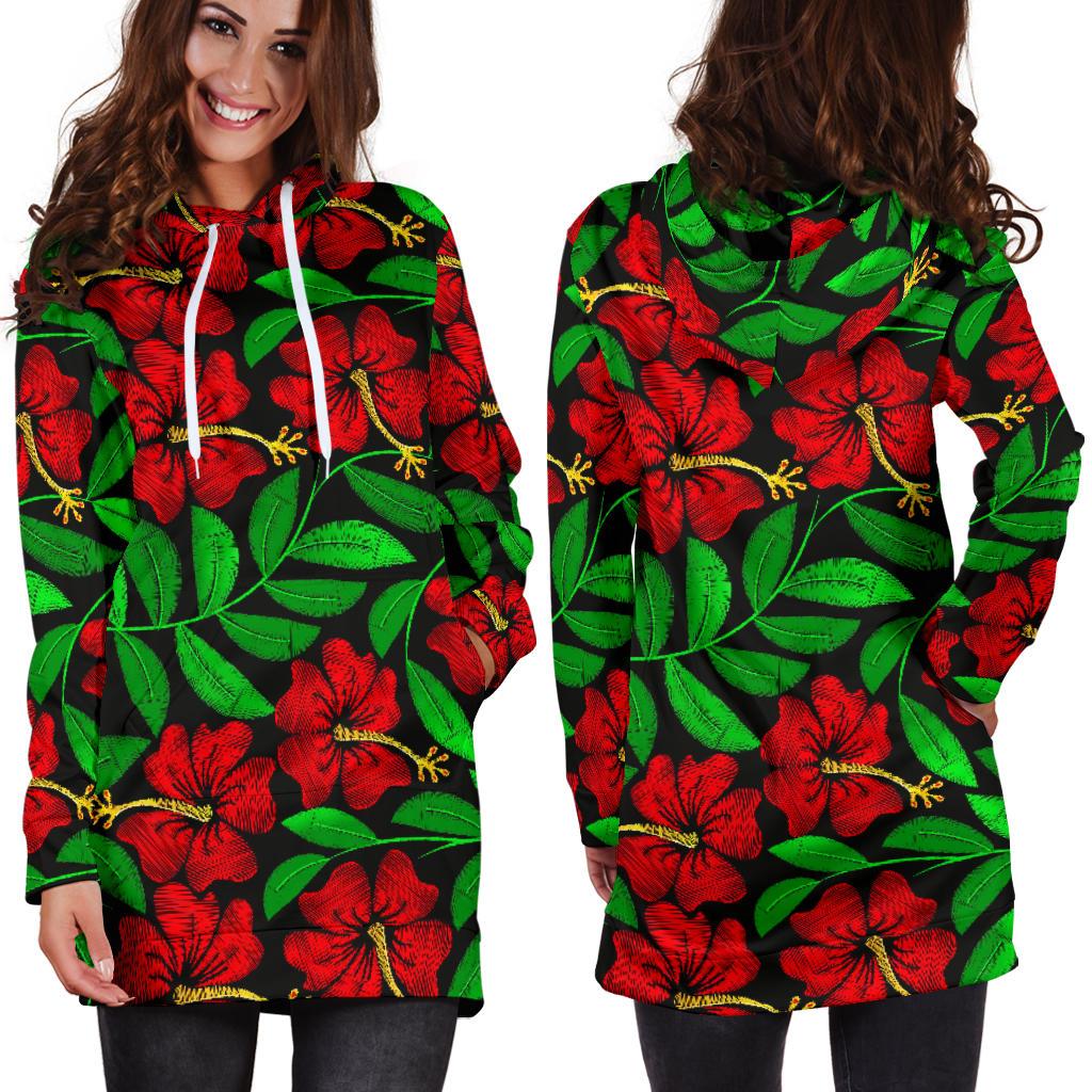 Red Hibiscus Embroidered Pattern Print Design HB032 Women Hoodie Dress
