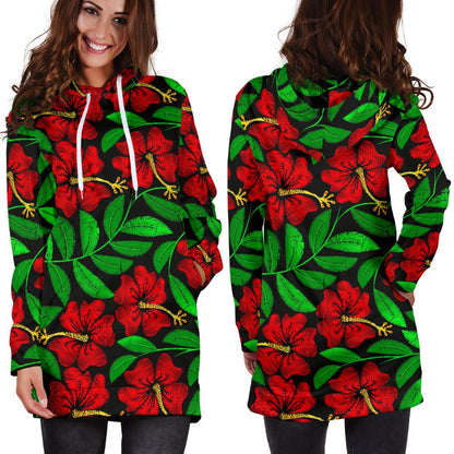 Red Hibiscus Embroidered Pattern Print Design HB032 Women Hoodie Dress