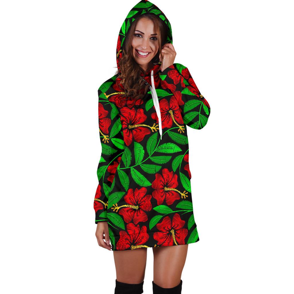Red Hibiscus Embroidered Pattern Print Design HB032 Women Hoodie Dress