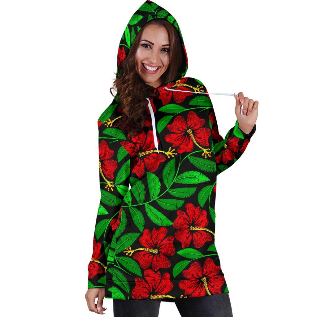 Red Hibiscus Embroidered Pattern Print Design HB032 Women Hoodie Dress