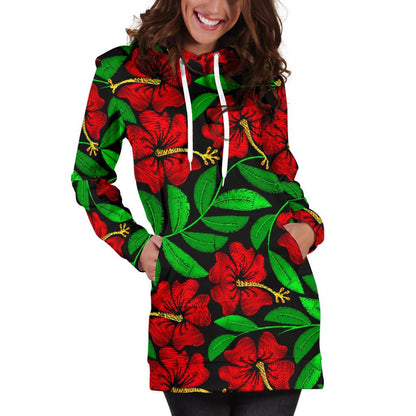 Red Hibiscus Embroidered Pattern Print Design HB032 Women Hoodie Dress