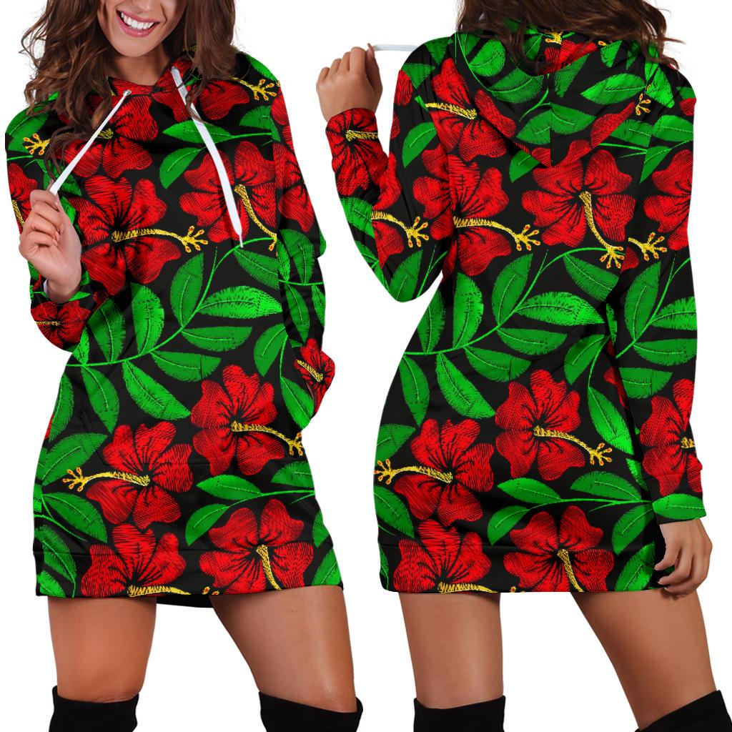 Red Hibiscus Embroidered Pattern Print Design HB032 Women Hoodie Dress