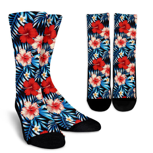 Red Hibiscus Hawaiian flower tropical Crew Socks