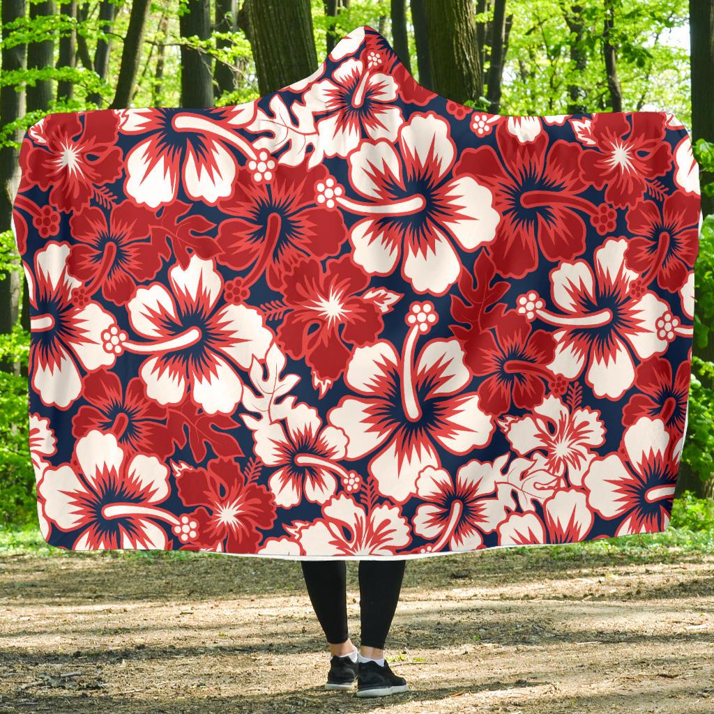 Red Hibiscus Pattern Print Design HB01 Hooded Blanket-JORJUNE.COM