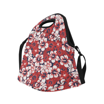 Red Hibiscus Pattern Print Design HB01 Neoprene Lunch Bag-JorJune