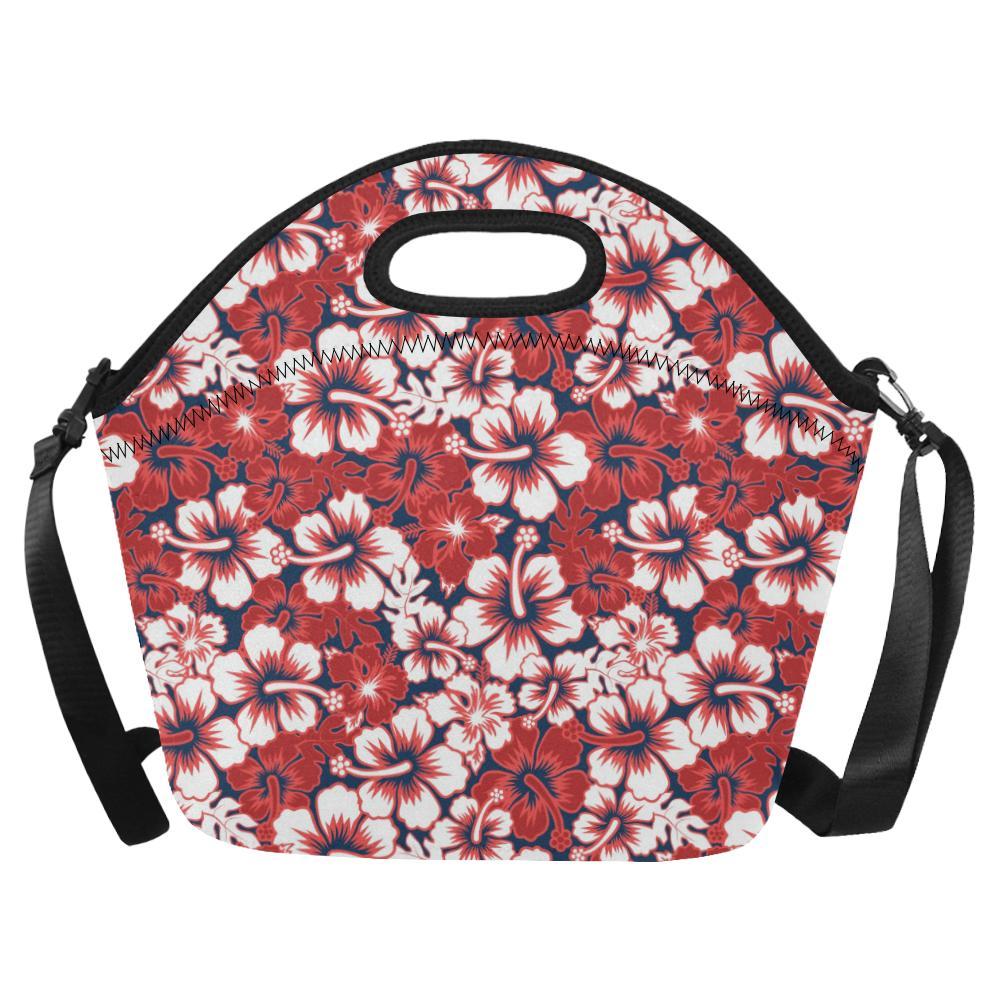 Red Hibiscus Pattern Print Design HB01 Neoprene Lunch Bag-JorJune
