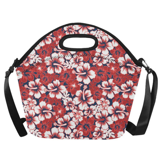 Red Hibiscus Pattern Print Design HB01 Neoprene Lunch Bag-JorJune