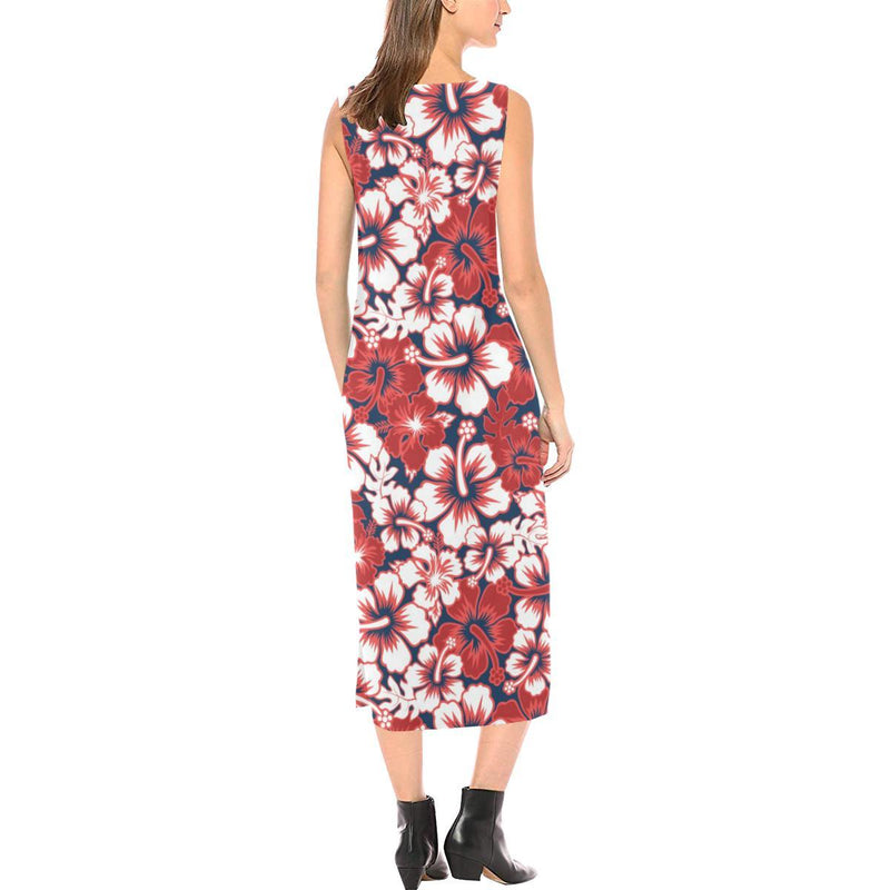 Red Hibiscus Pattern Print Design HB01 Sleeveless Open Fork Long Dress