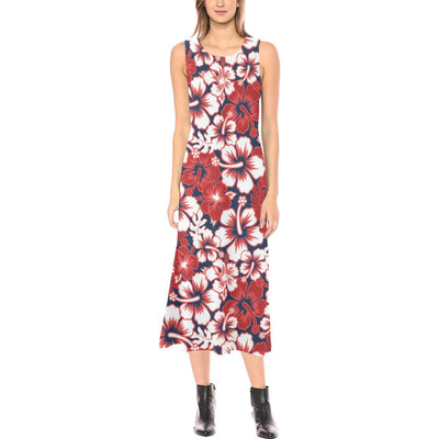 Red Hibiscus Pattern Print Design HB01 Sleeveless Open Fork Long Dress