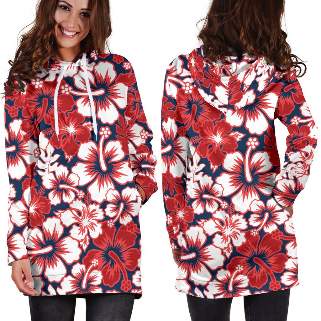 Red Hibiscus Pattern Print Design HB01 Women Hoodie Dress