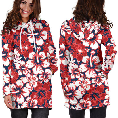 Red Hibiscus Pattern Print Design HB01 Women Hoodie Dress