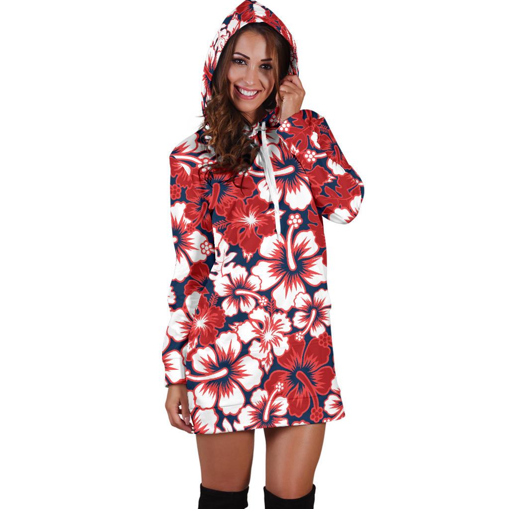 Red Hibiscus Pattern Print Design HB01 Women Hoodie Dress
