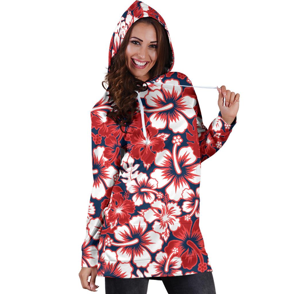 Red Hibiscus Pattern Print Design HB01 Women Hoodie Dress