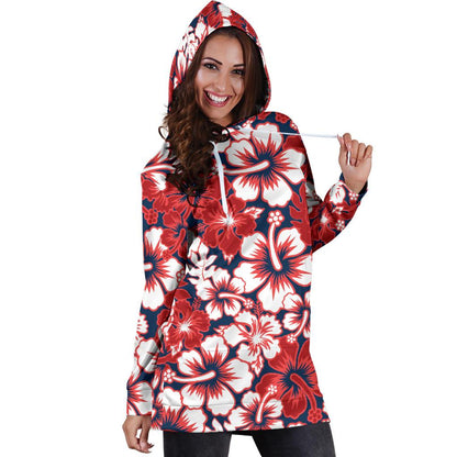 Red Hibiscus Pattern Print Design HB01 Women Hoodie Dress