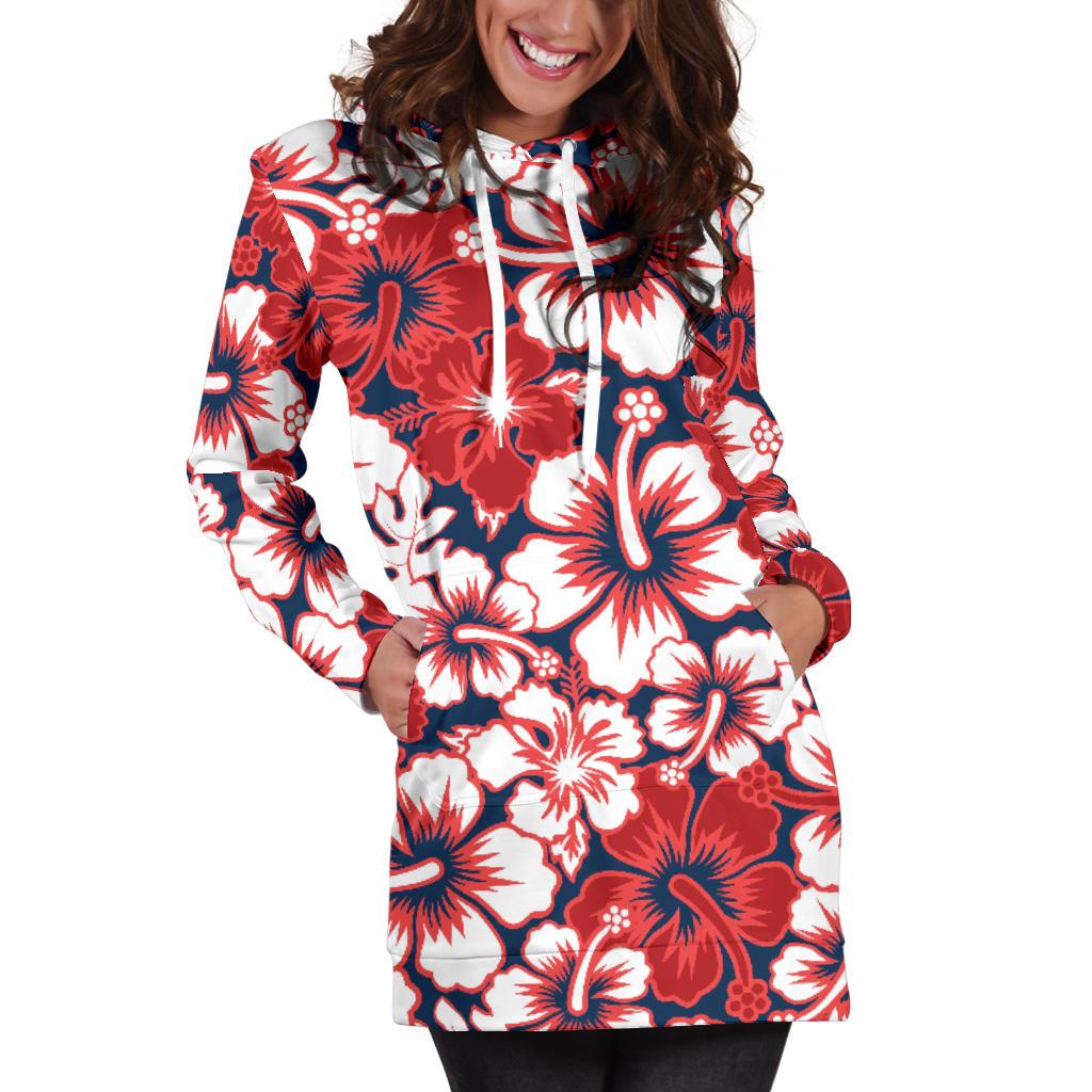 Red Hibiscus Pattern Print Design HB01 Women Hoodie Dress