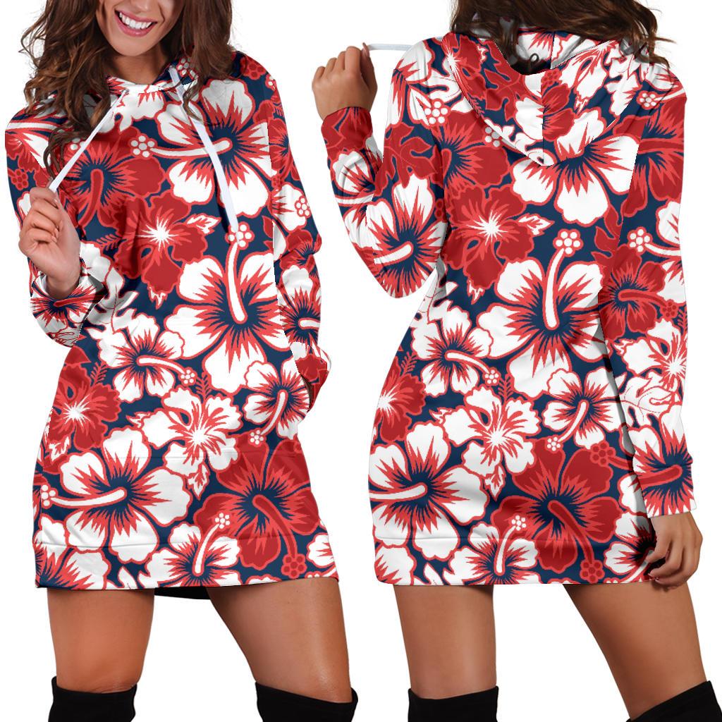 Red Hibiscus Pattern Print Design HB01 Women Hoodie Dress