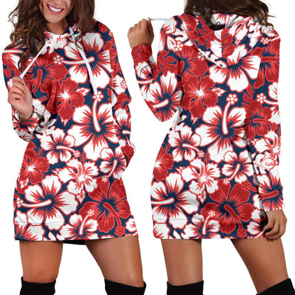 Red Hibiscus Pattern Print Design HB01 Women Hoodie Dress