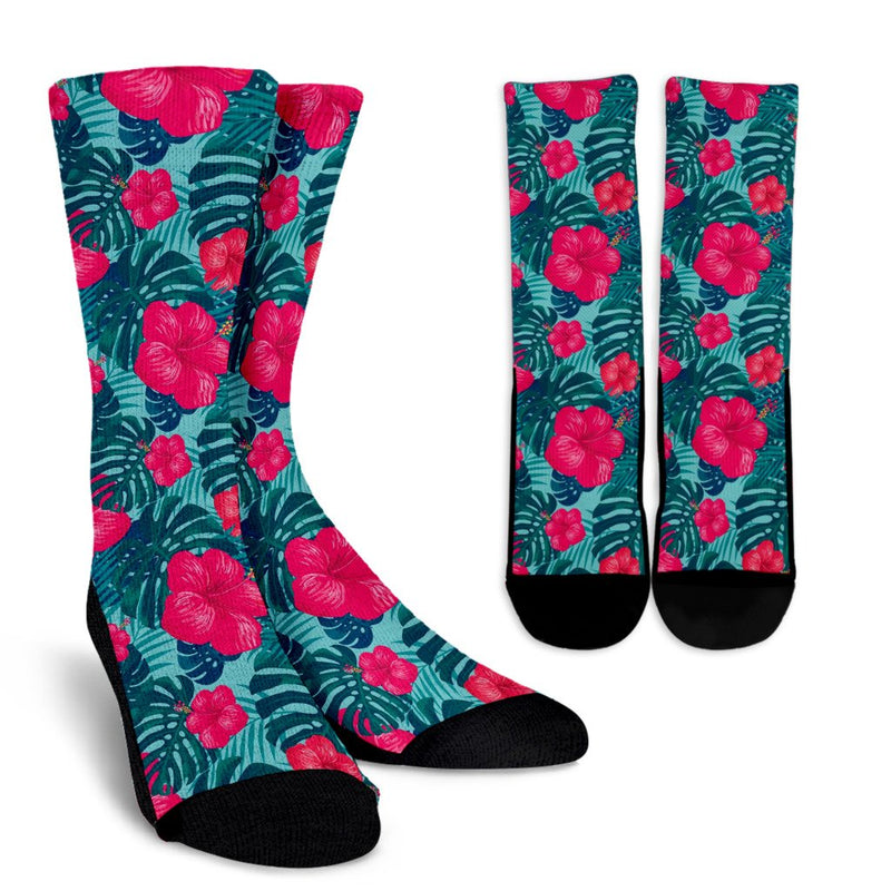 Red Hibiscus Pattern Print Design HB017 Crew Socks-JORJUNE.COM