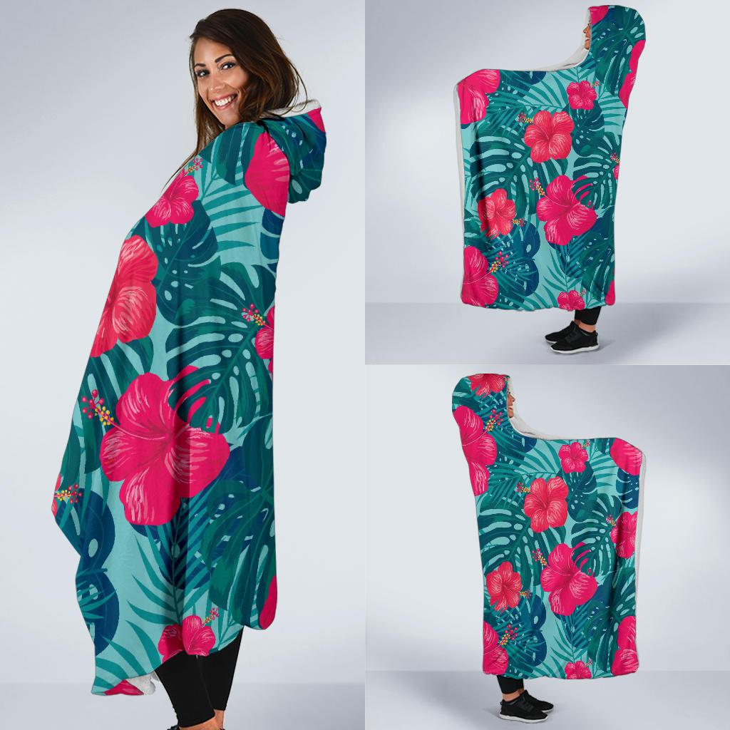 Red Hibiscus Pattern Print Design HB017 Hooded Blanket-JORJUNE.COM