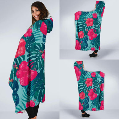 Red Hibiscus Pattern Print Design HB017 Hooded Blanket-JORJUNE.COM