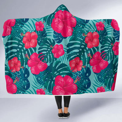 Red Hibiscus Pattern Print Design HB017 Hooded Blanket-JORJUNE.COM