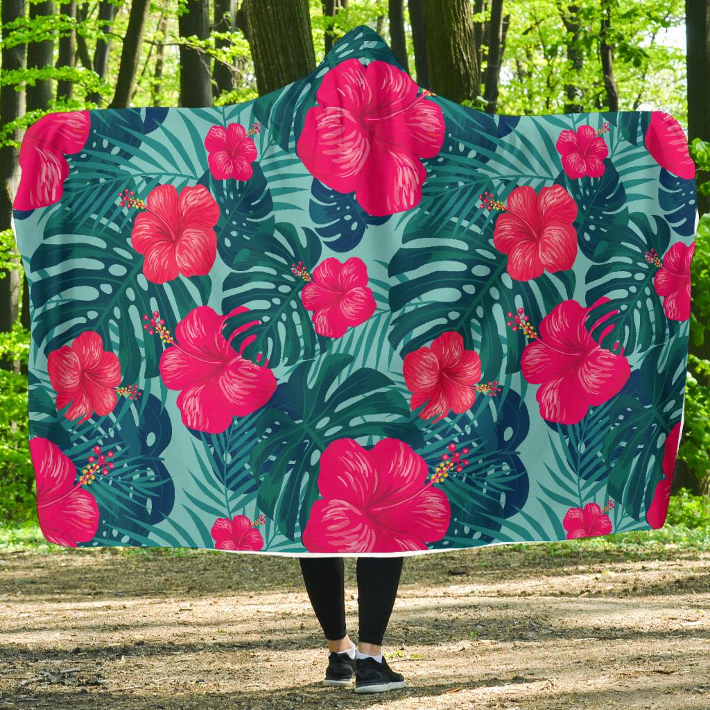 Red Hibiscus Pattern Print Design HB017 Hooded Blanket-JORJUNE.COM