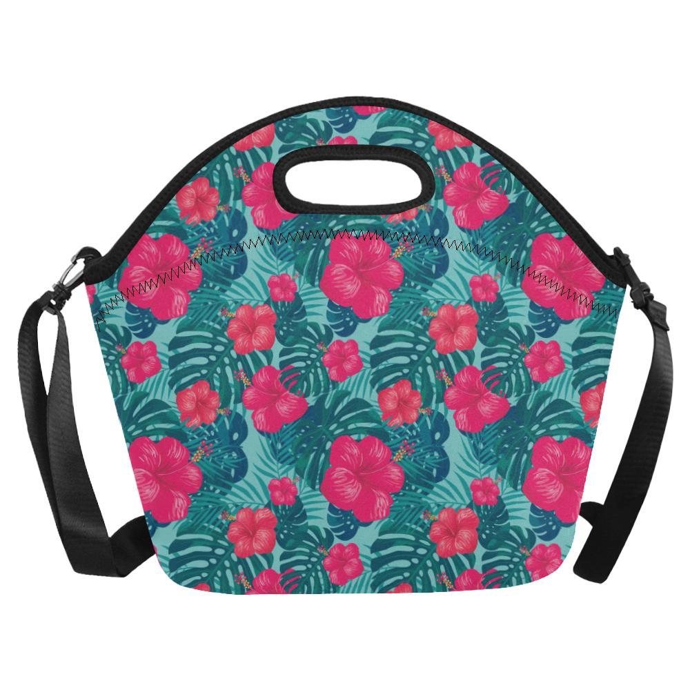 Red Hibiscus Pattern Print Design HB017 Neoprene Lunch Bag-JorJune