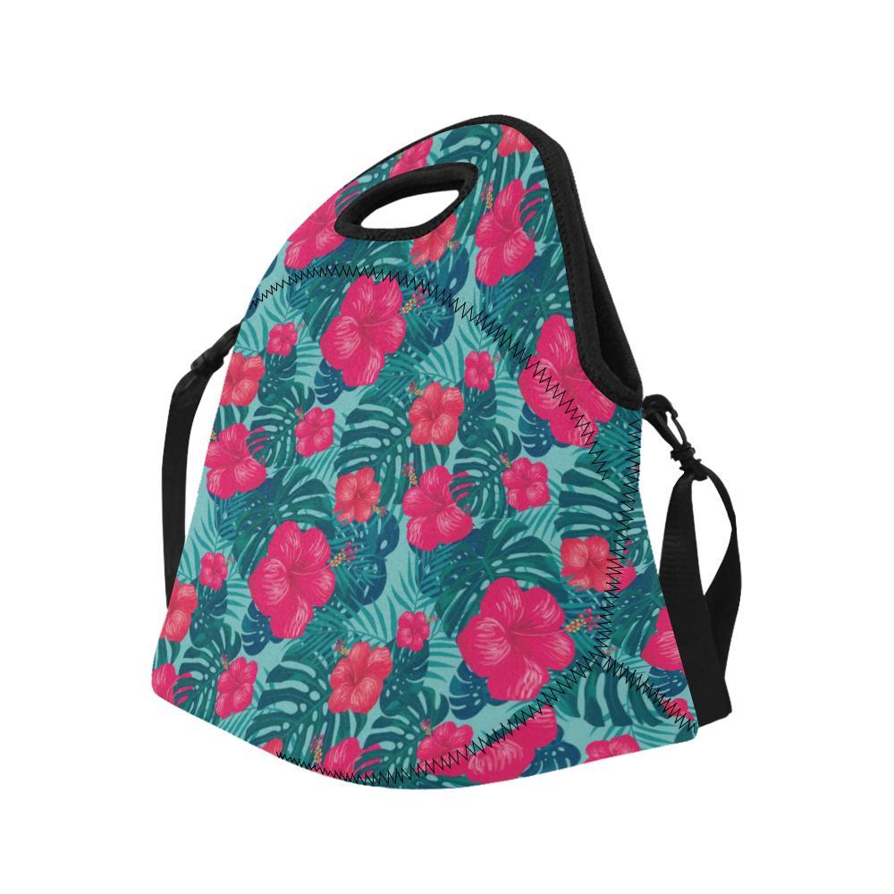 Red Hibiscus Pattern Print Design HB017 Neoprene Lunch Bag-JorJune