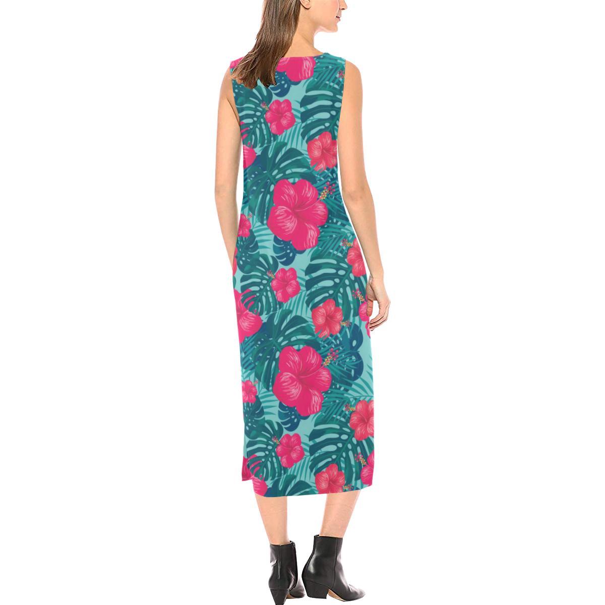 Red Hibiscus Pattern Print Design HB017 Sleeveless Open Fork Long Dress