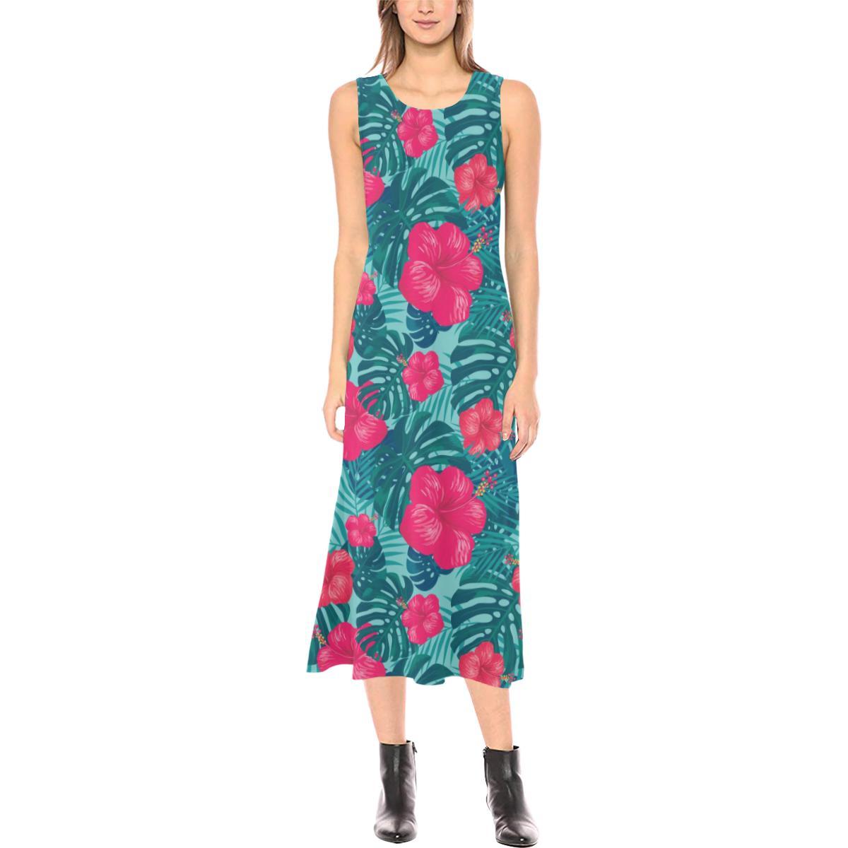 Red Hibiscus Pattern Print Design HB017 Sleeveless Open Fork Long Dress