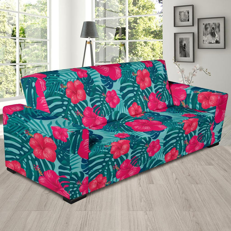 Red Hibiscus Pattern Print Design HB017 Sofa Slipcover-JORJUNE.COM