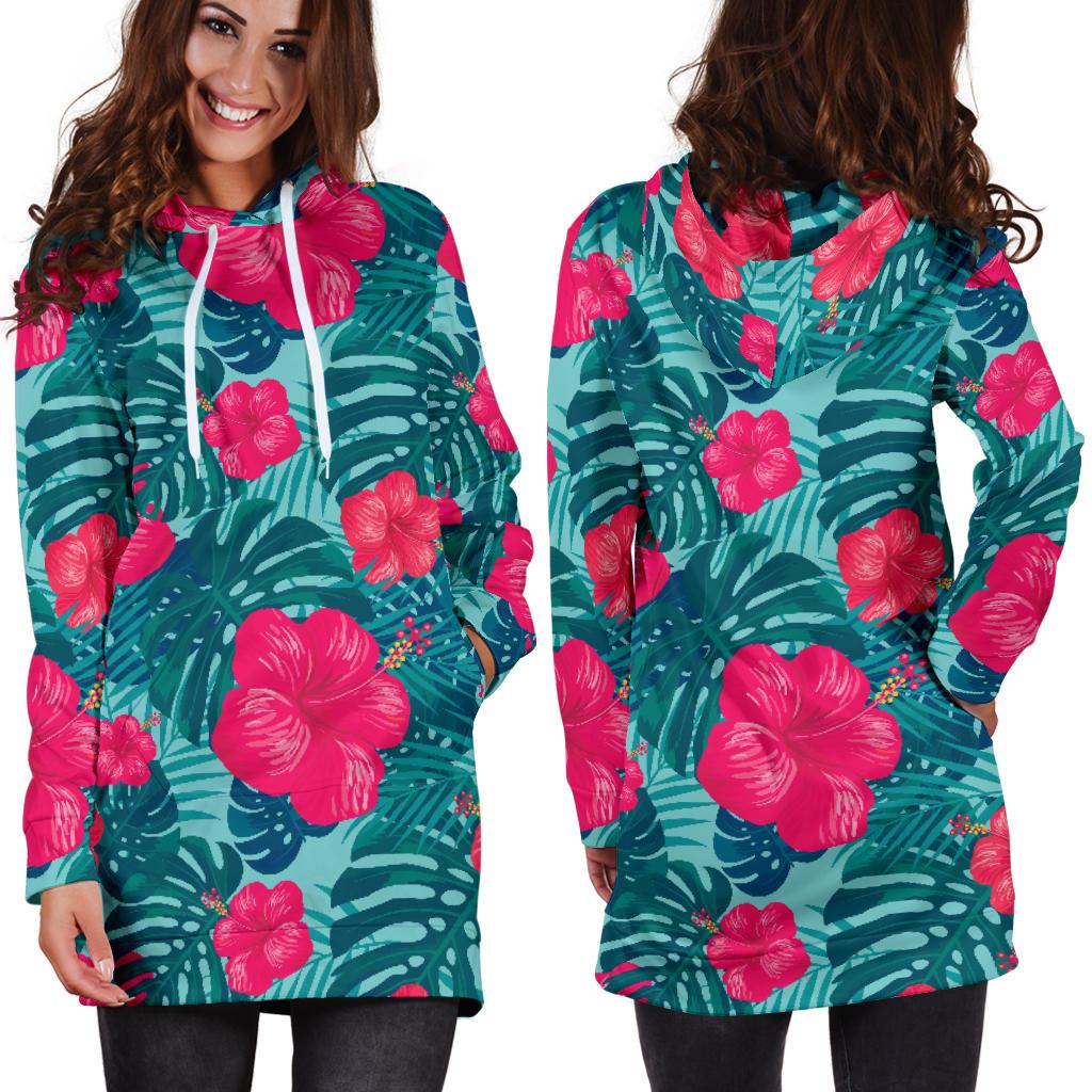 Red Hibiscus Pattern Print Design HB017 Women Hoodie Dress