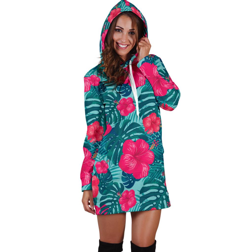Red Hibiscus Pattern Print Design HB017 Women Hoodie Dress