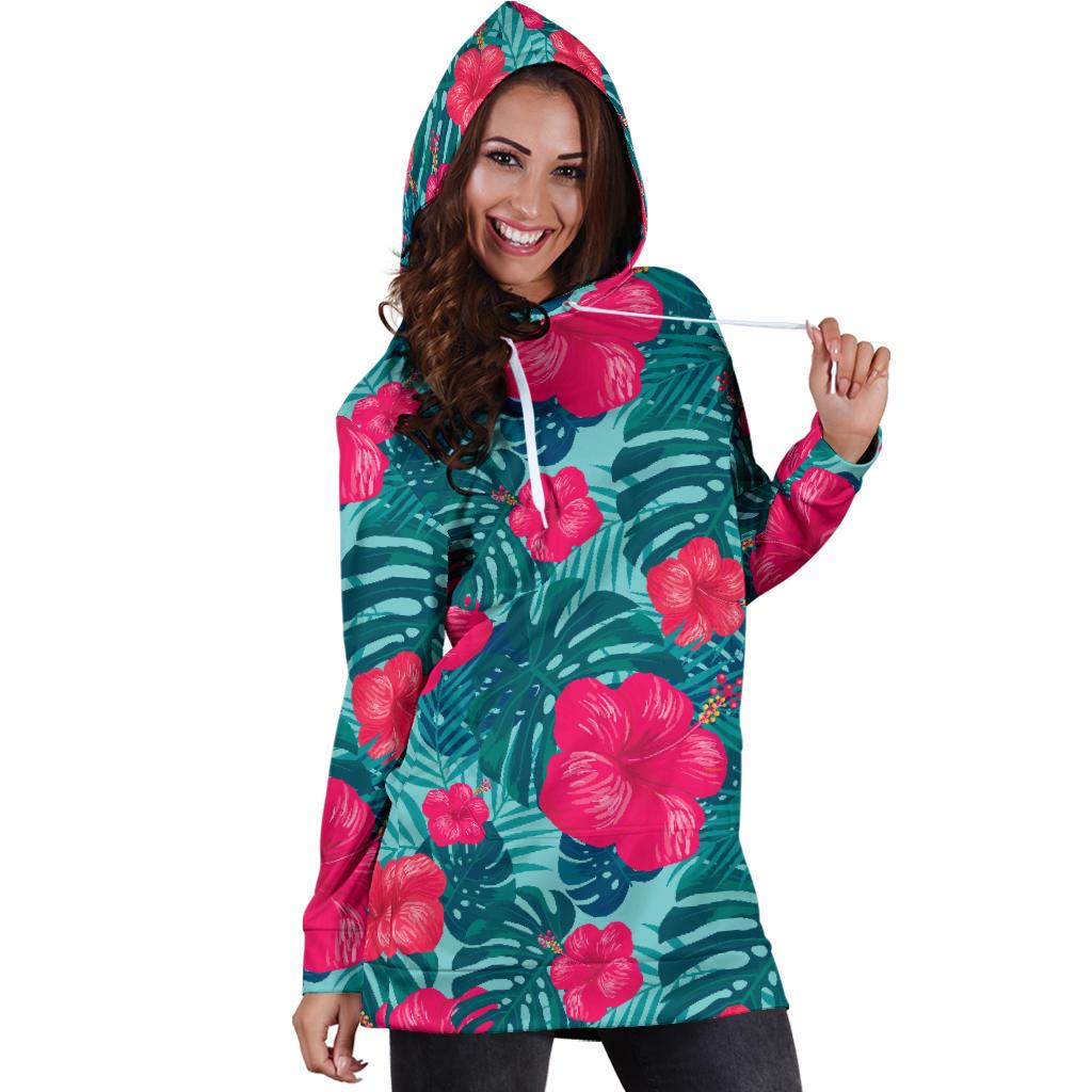 Red Hibiscus Pattern Print Design HB017 Women Hoodie Dress