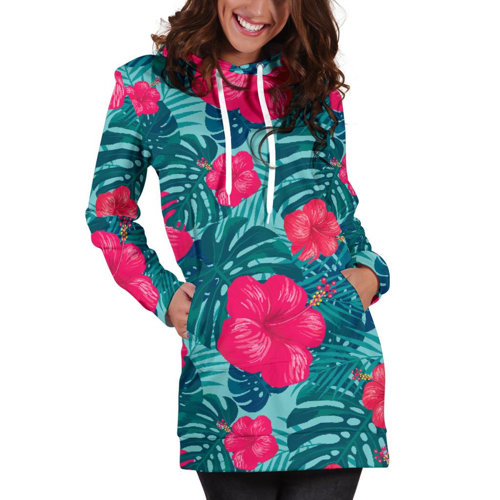 Red Hibiscus Pattern Print Design HB017 Women Hoodie Dress