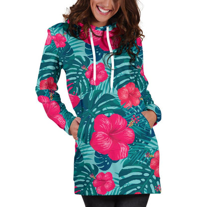 Red Hibiscus Pattern Print Design HB017 Women Hoodie Dress