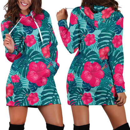Red Hibiscus Pattern Print Design HB017 Women Hoodie Dress