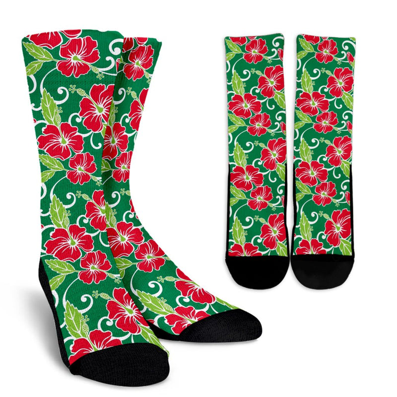 Red Hibiscus Pattern Print Design HB019 Crew Socks-JORJUNE.COM