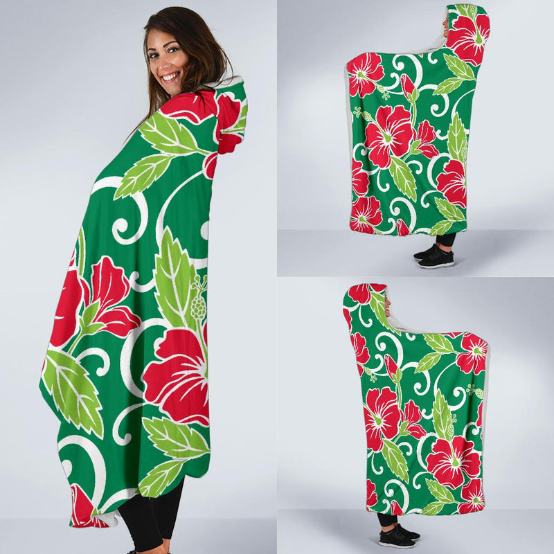 Red Hibiscus Pattern Print Design HB019 Hooded Blanket-JORJUNE.COM