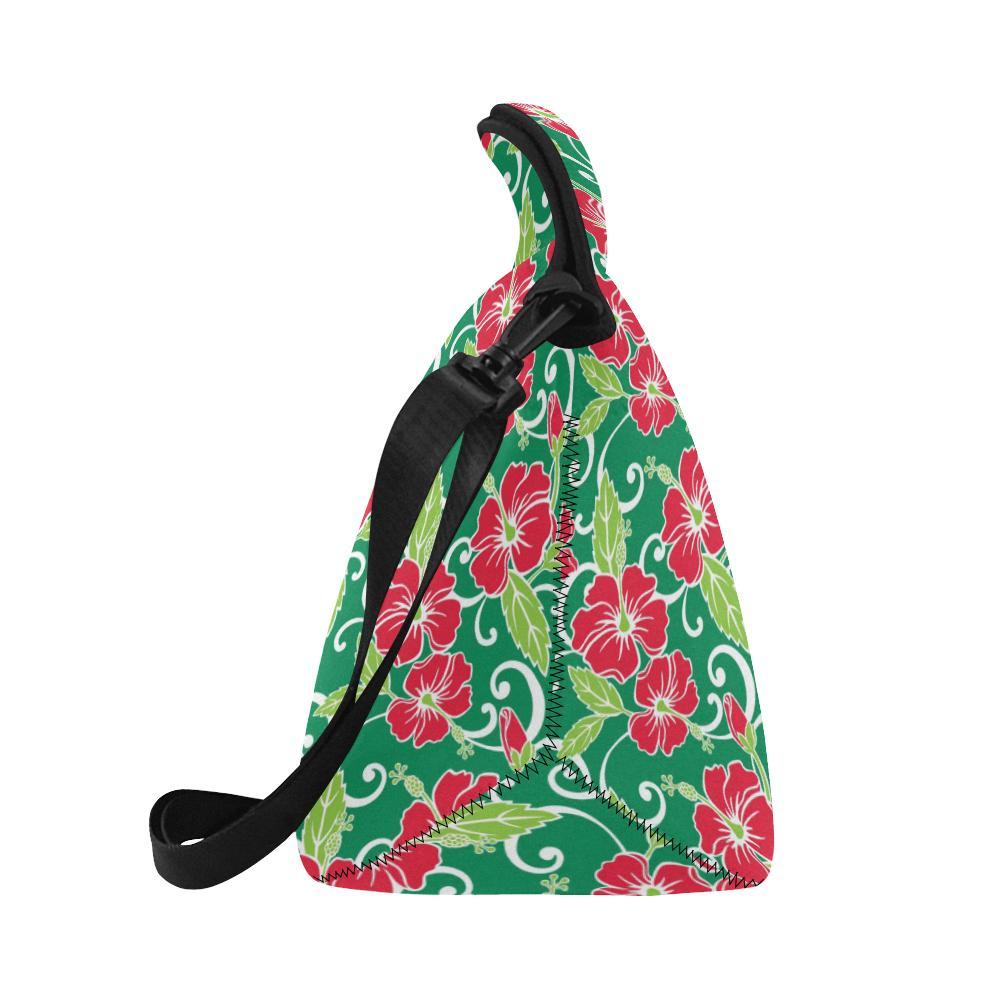Red Hibiscus Pattern Print Design HB019 Neoprene Lunch Bag-JorJune