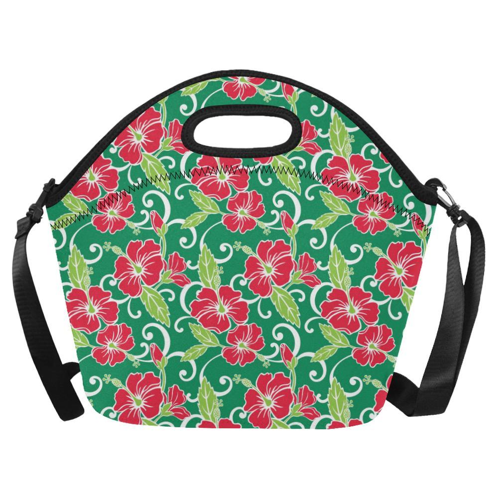 Red Hibiscus Pattern Print Design HB019 Neoprene Lunch Bag-JorJune