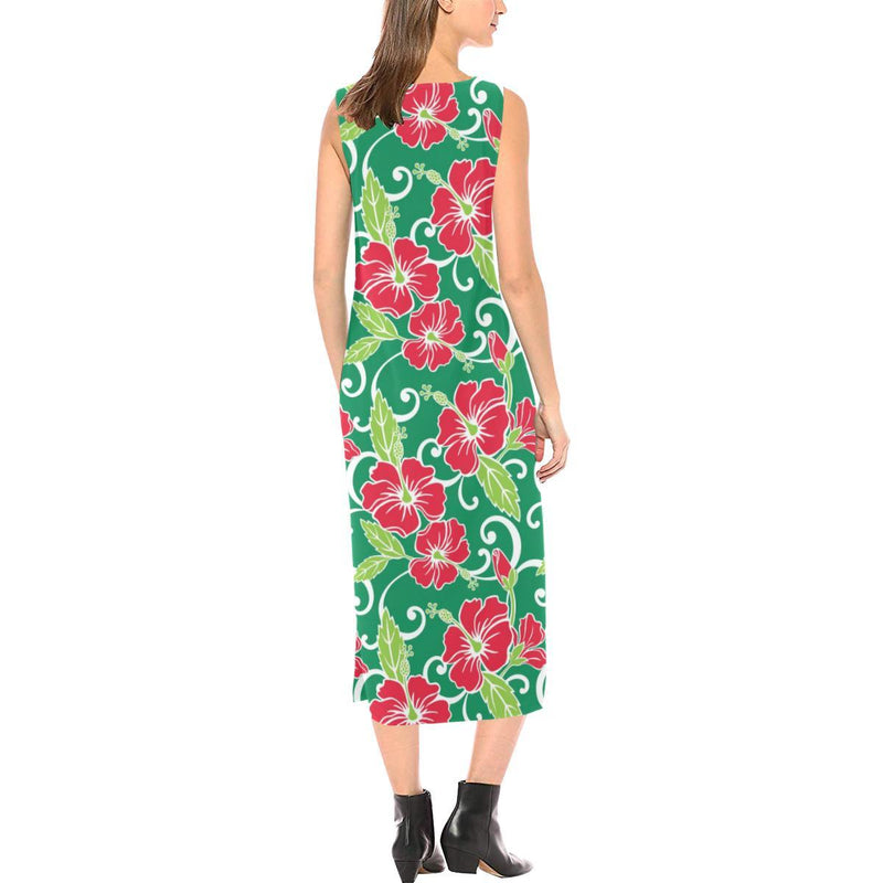 Red Hibiscus Pattern Print Design HB019 Sleeveless Open Fork Long Dress