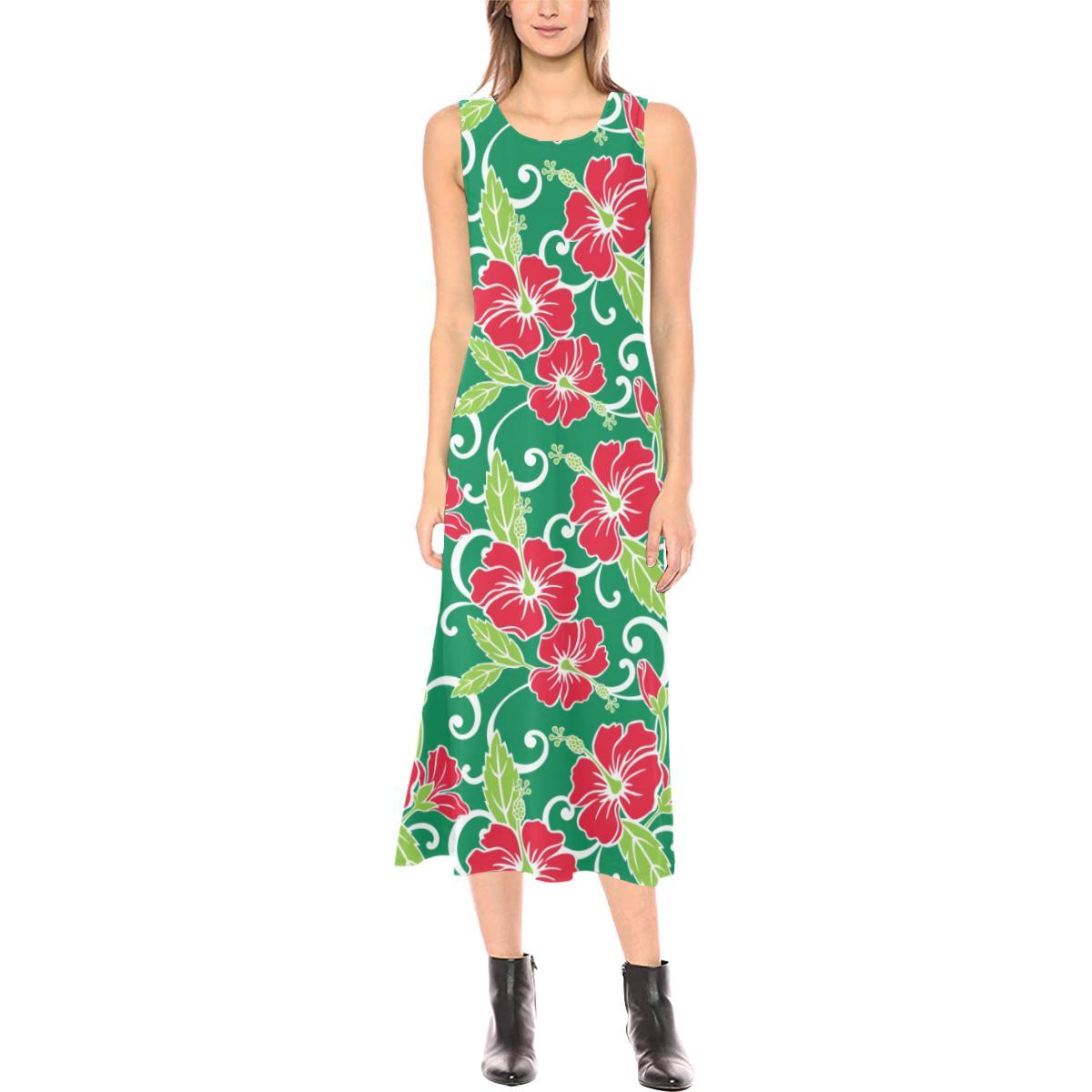 Red Hibiscus Pattern Print Design HB019 Sleeveless Open Fork Long Dress