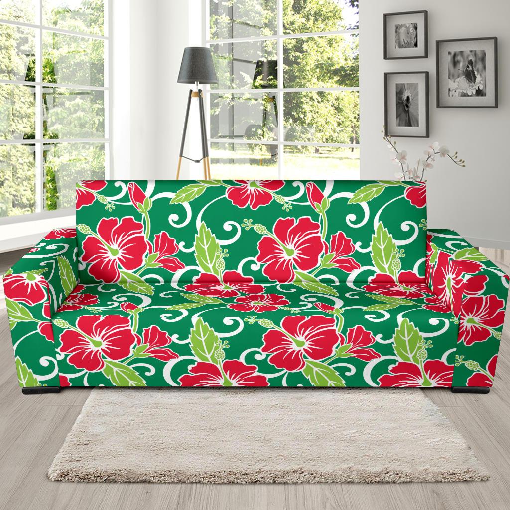 Red Hibiscus Pattern Print Design HB019 Sofa Slipcover-JORJUNE.COM