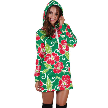 Red Hibiscus Pattern Print Design HB019 Women Hoodie Dress