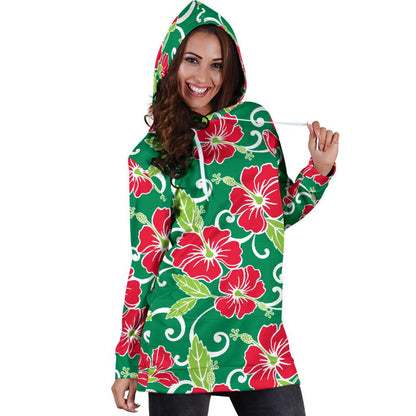 Red Hibiscus Pattern Print Design HB019 Women Hoodie Dress